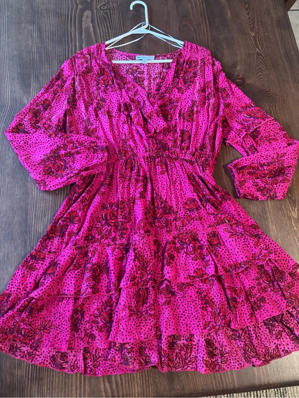 Jessica Simpson Fuchsia Floral Long-Sleeve Tiered Dress